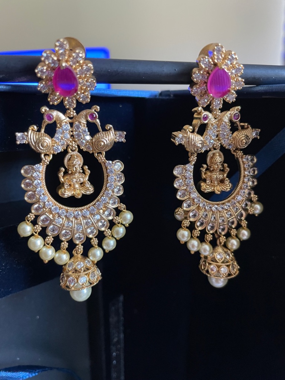 Gold-Tone Pink Stone Temple Drop Earrings - Women Jewelry